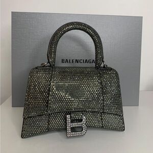 BALENCIAGA GREY HANDBAG WOMEN'S HOURGLASS XS SHOULDER STRAP WITH RHINESTONES